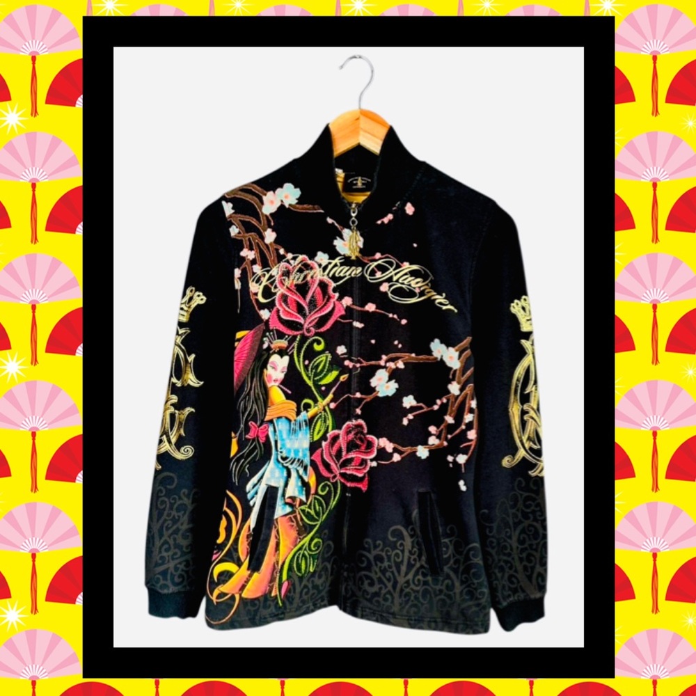 Christian Audigier Black Bomber Jacket Oriental Image Swarovski Crystal NWT XL
